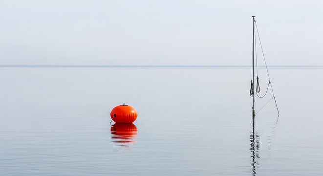 Red Buoy and Fishing Rod in Serene Water Landscape with Muted Sky.