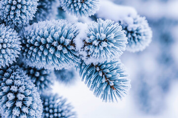 Close up of frosty pine needles covered in snow during winter