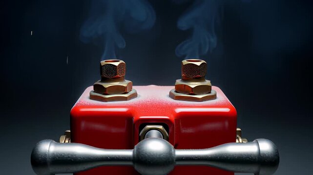 Hand activating a red dynamite plunger to trigger bright electric sparks and smoke in a cinematic 3D animation, illustrating an explosive launch concept.