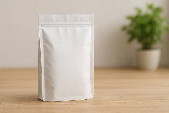 Blank white standing pouch mockup on wooden table. Empty plastic zipper bag packaging for coffee, tea or food product design. Minimalist branding background with green plant and copy space.