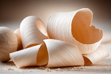 Long curls of wooden shavings lie on a surface, showcasing the beauty of woodworking craft and skillful labor