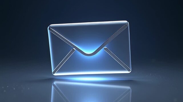 Glossy 3D glass email envelope icon rotating over a dark surface with blue neon glow, symbolizing digital communication and notification concepts