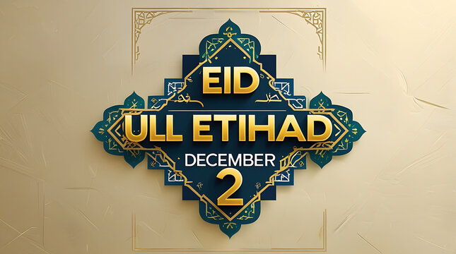 Eid ull Etihad December 2nd on a decorative blue and gold background design, 32K Resolution