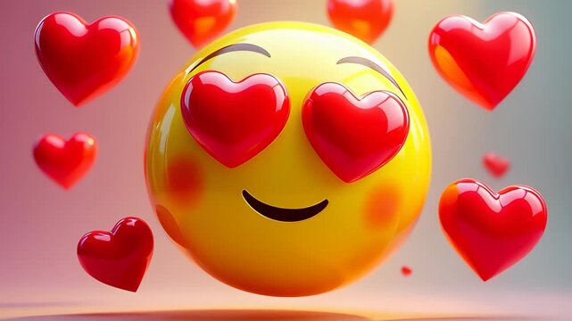 Glossy yellow 3D emoticon face with red heart eyes smiling amidst floating romantic symbols in a seamless animation, illustrating love and valentine concepts