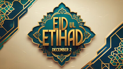 Eid ul Etihad, December 2nd, in a gold and teal ornate frame on a beige background, 8k image