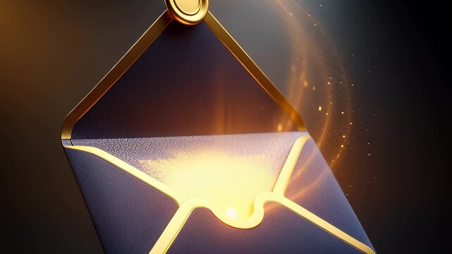 Elegant dark blue envelope with gold accents opening to reveal glowing particles in a cinematic 3D animation, symbolizing an exclusive invitation or premium message.