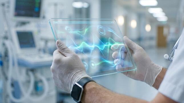 Doctor Hands Holding Transparent Tablet with Sound Waves