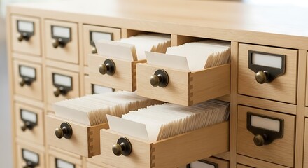 Vintage Wooden Card Catalog with Open Drawers and Index Cards.