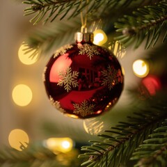 Close-up of a red christmas bauble with gold snowflakes hanging on a pine branch
