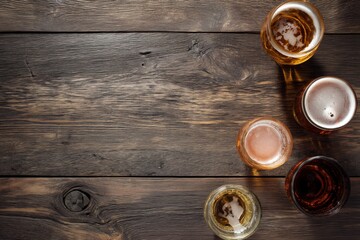 Assorted craft beer glasses on rustic dark wood table with empty space on the left, idea for bar menus, brewery ads, tasting events, drink promotions, and food marketing layouts