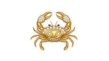 A stylized golden crab adorned with pearls and intricate details, set against black