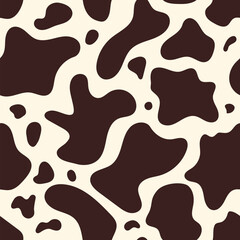 Simple cow abstract seamless pattern. Vector animal skin print, cute brown dalmatian spots on white background. Natural stylized spotted texture for textile, fabric, dairy farm decor, wrapping paper.