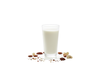 A Tall Glass of Nut Milk Surrounded by Assorted Nuts on a White Circular Base Isolated on a Black Background