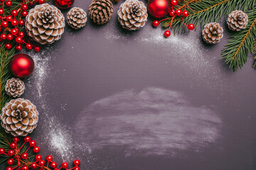 Christmas border with pine cones and red berries on dark background