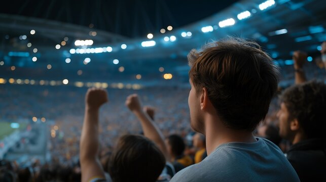A panoramic shot of a packed stadium during a championship game, the crowd erupting in synchronized motion as players score — collective fan emotion, competitive sports drama, and electric arena
