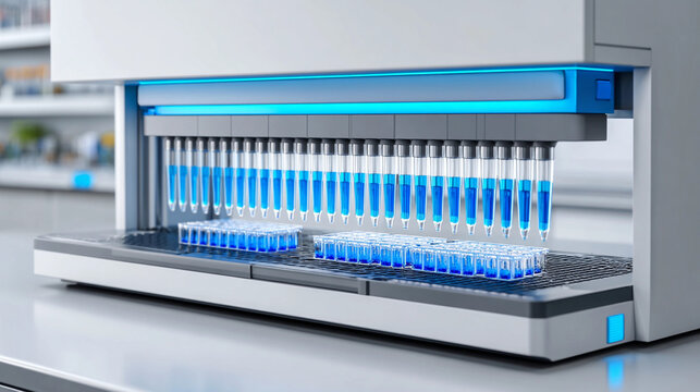 A high-tech laboratory automation system is conducting precise pipetting of specimens. This efficient setup showcases innovation in biotechnology.