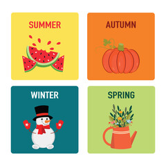 Multicolored vector icons summer autumn winter spring. Snowman, watermelon, watering can with flowers, pumpkin