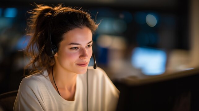 A crisis hotline worker sitting alone under warm desk light at 3 a.m., speaking softly into a headset while providing emotional support to someone in distress — mental health crisis response,