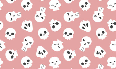 Cute skull pattern background. Vector cartoon Halloween pink print with funny white skulls. Hand drawn texture for Day of Dead decor, Halloween wrapping paper, Valentines day backdrop, cover design.