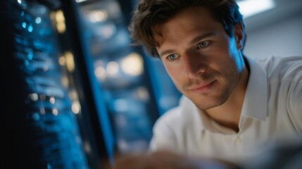 A server room technician inspecting airflow pathways between racks, cool blue LEDs reflecting off cable channels as sensors track temperature and ventilation efficiency — data center cooling,