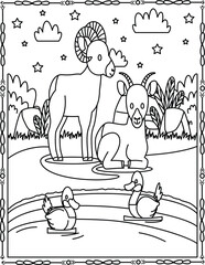 Nature Beauty with Animals Coloring Page For Kids And Adults.
