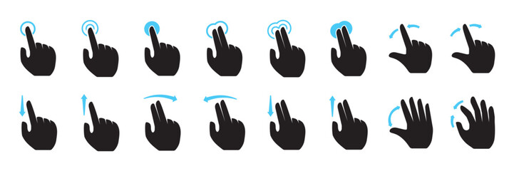 Hand gesture icons for swipe, tap, and touch actions.