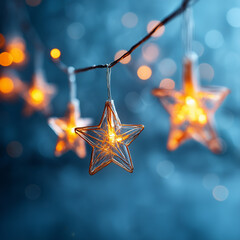 Close-up view of Christmas light garland outside in evening. Yellow LED bulb shaped like star is attached to garland's wire. Festoon illumination is against blue background with bokeh
