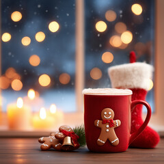 Hot chocolate and Christmas stocking on windowsill. Hot cocoa cup and red Christmas sock decorated with gingerbread man by window inside room. Evening winter landscape is visible outside glass