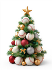 Baseballs are stacked in shape of Christmas tree with star on top. Pile of baseballs is decorated with tinsel, baubles, and bows, like Christmas pine tree. Isolated on white background