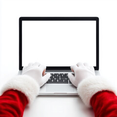 Santa Claus working on laptop. Santa's gloved hands press keys on open laptop. First person view, isolated on white background