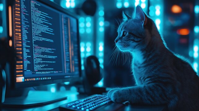 Gray cat programming on a computer with a blue room background