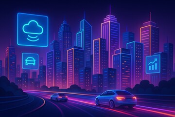 Fototapeta premium Smart city skyline with multicolor neon building edges, electric cars leaving glowing trails, hologram billboards