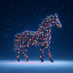 Horse sculpture made from christmas tree branches with christmas ornaments. Fir twigs horse stands in snow. Horse like symbol of 2026 Chinese New Year