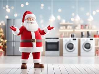 Illustration of Santa Claus in kitchen appliance store. Red-clad Santa gestures to modern home appliance shop. Concept for Christmas and consumer electronics retail industry
