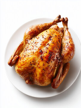 Top view close up of roasted whole turkey on plate. Single oven-baked Christmas turkey isolated on a white background. Cooked poultry is traditional holiday meal for Thanksgiving and Christmas