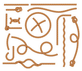 Realistic rope and knot for nautical frame or marine decoration with intertwined cables. Brown cord and tassel texture for navy element or retro shape and decor. Vector isolated set