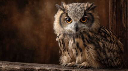 Detailed portrait of an owl with large orange eyes sitting on wooden surface.