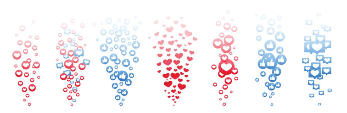 Flying like heart and thumb up flow for live reaction in social media stream, love icon bubble design. Round buttons for video comment and post. UI mock up, transparent button vector template