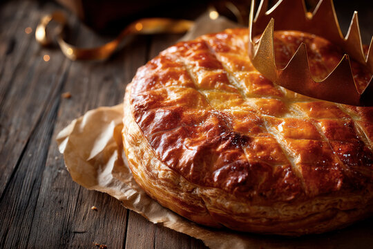 Traditional galette des rois with paper crown, golden flaky surface on rustic wooden background