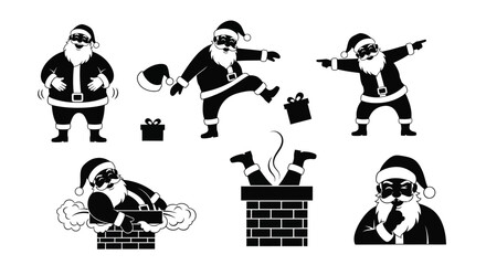 Playful santa claus illustrations in black and white depict festive poses