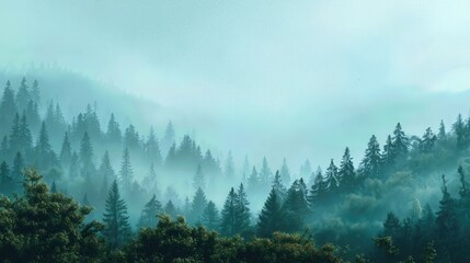 Misty forest landscape with layered pine trees in soft turquoise tones.