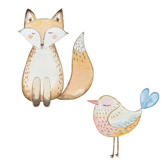Watercolor Foz and Bird, Christmas Scandinavian illustration for design card and print.