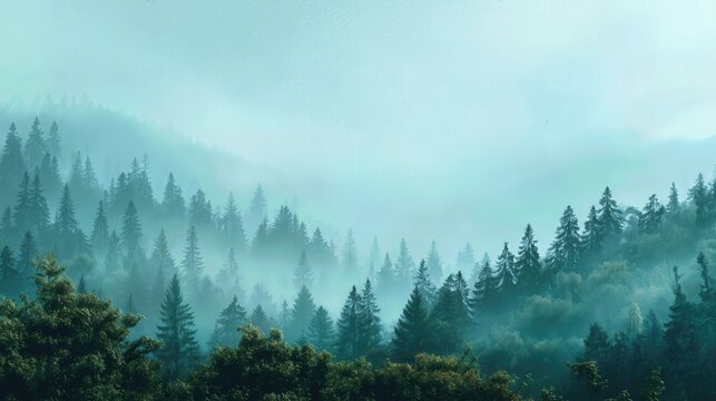 Misty forest landscape with layered pine trees in soft turquoise tones.