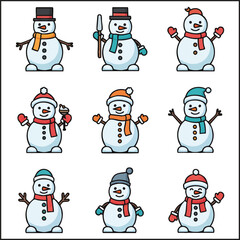 Cute Cartoon Snowman Character Vector Set in Various Poses