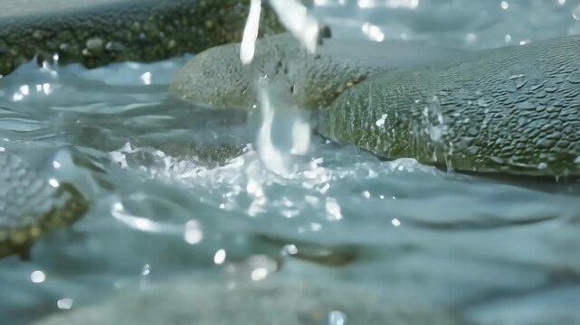 Tranquil scene of clear water gently cascading over smooth rocks in a riverbed. the close-up shot highlights the natural textures and shimmering reflections, evoking a sense of peace and relaxation fo