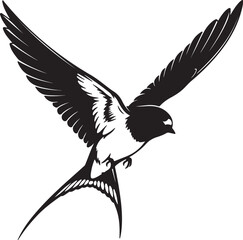 Fototapeta premium Black and white silhouette of a swallow in flight with wings spread bird flying on transparent background