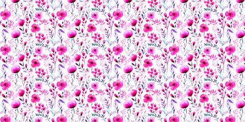 Watercolor seamless pattern with vibrant pink flowers and leaves