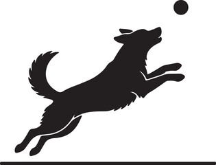 Black silhouette of a dog jumping to catch a ball on a white background playing on transparent background