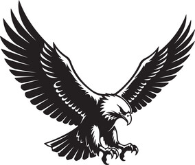 Obraz premium Black silhouette of an eagle with wings spread and talons extended, descending on a white background on transparent background