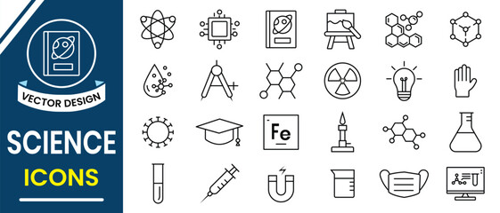 Science icon set. Set of line icons related to science lab equipment, chemistry, biology, experiment, scientist, research, and medicine and more. Vector illustration.